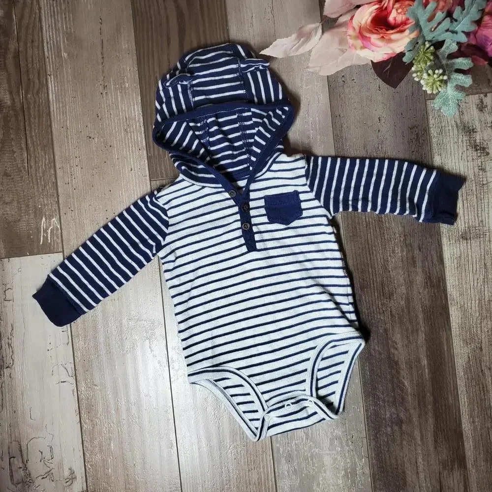 Carter's Blue and White Striped Animal Ear Hooded Onesie Size 9M NWOT